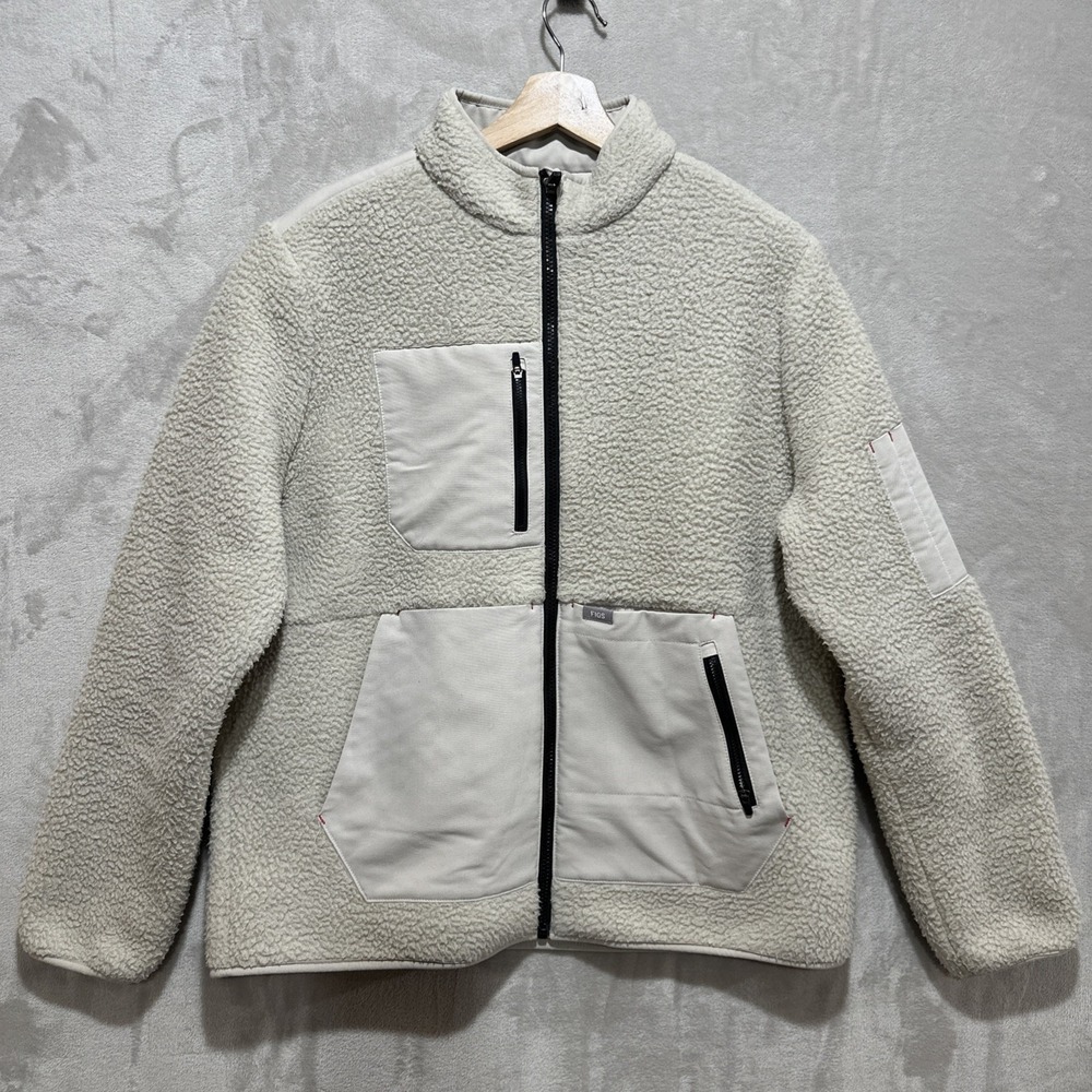 Figs On Shift Sherpa Jacket Womens Sz XL Ivory Beige Zip Pockets Full Zip Fleece